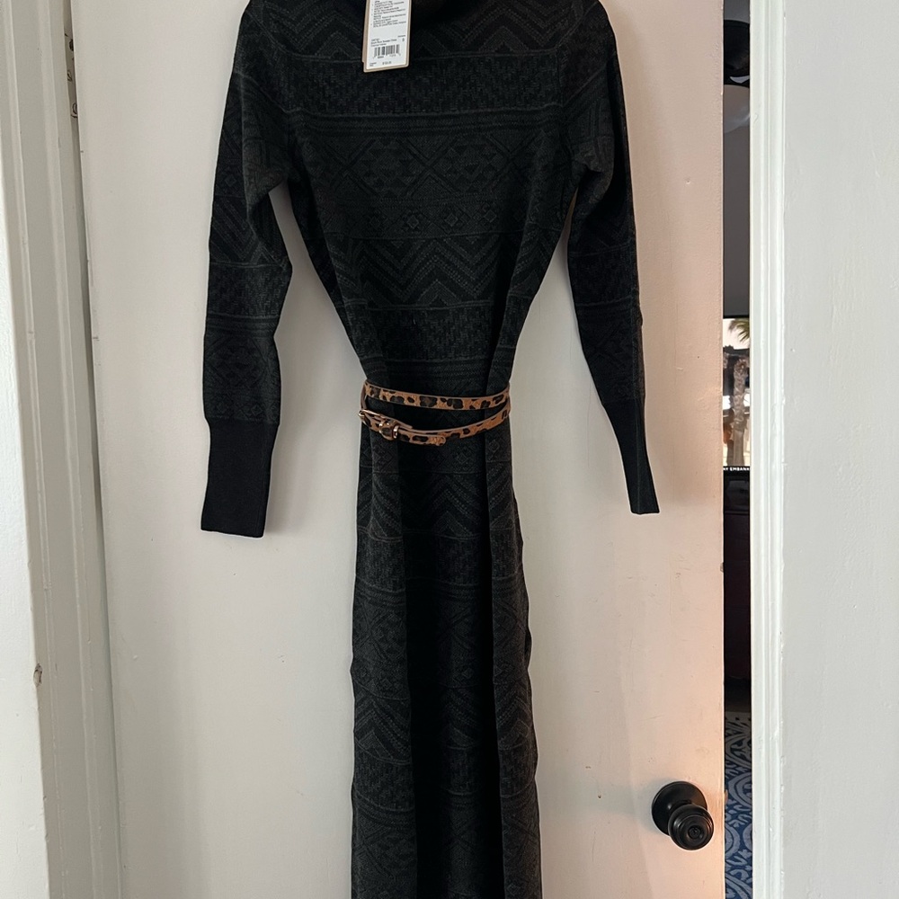 Prana Black Long Sleeve Dress with Brown Belt
